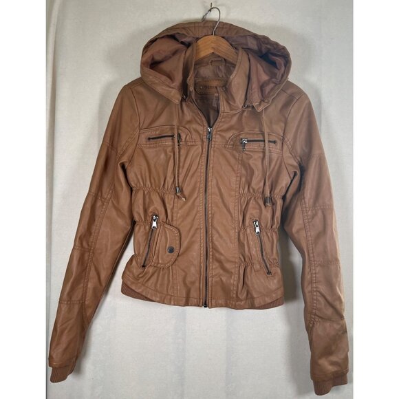 VTG Miss Posh Womens Size L Camel Vegan Faux Leather Zip Jacket Detachable Hood - Picture 12 of 13